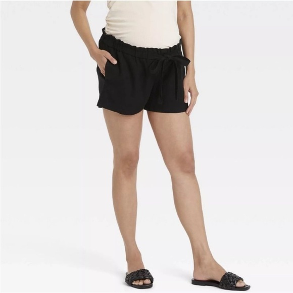 Isabel Maternity Tie Front Pull On Linen Blend Black Shorts size Large NEW - Picture 1 of 14